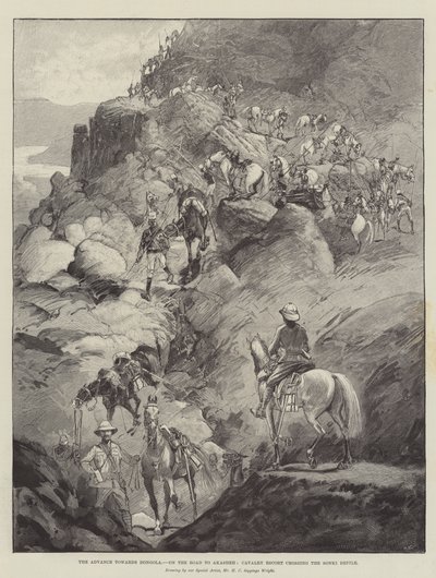 De opmars naar Dongola, op weg naar Akasheh, cavalerie-escorte die de Sonki-pas oversteekt door Henry Charles Seppings Wright